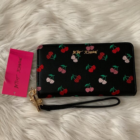 BETSEY JOHNSON Cherry Embroidered Faux Leather Wallet Wristlet - Picture 1 of 4